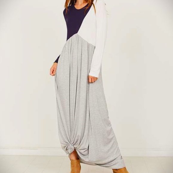 éloges Navy, Gray & White, Color Block Long-Sleeve Maxi Dress 3X ExtraTall - Picture 1 of 8